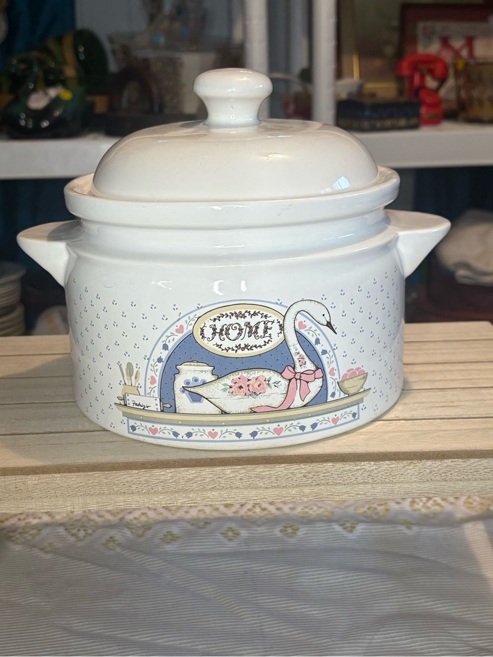 Vintage Ceramic Swan Cookie Jar- White with Pastel Accents
